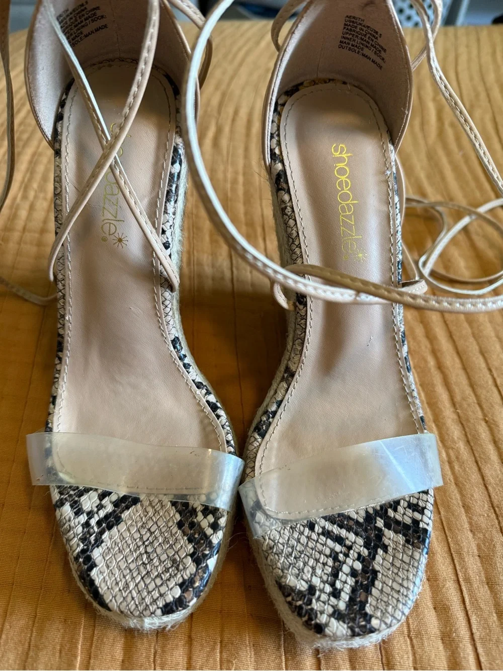 Shoe Dazzle Size 6 Espadrille Wedge Lace-Up Sandals Natural Rope Clear Strap